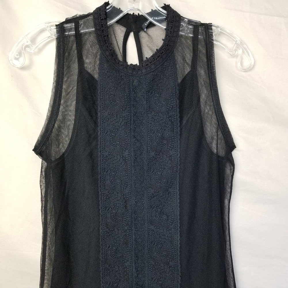 Luisa Cerano Blouse Black Mesh Lace Trim Sleeveless Lined Womens Size 6